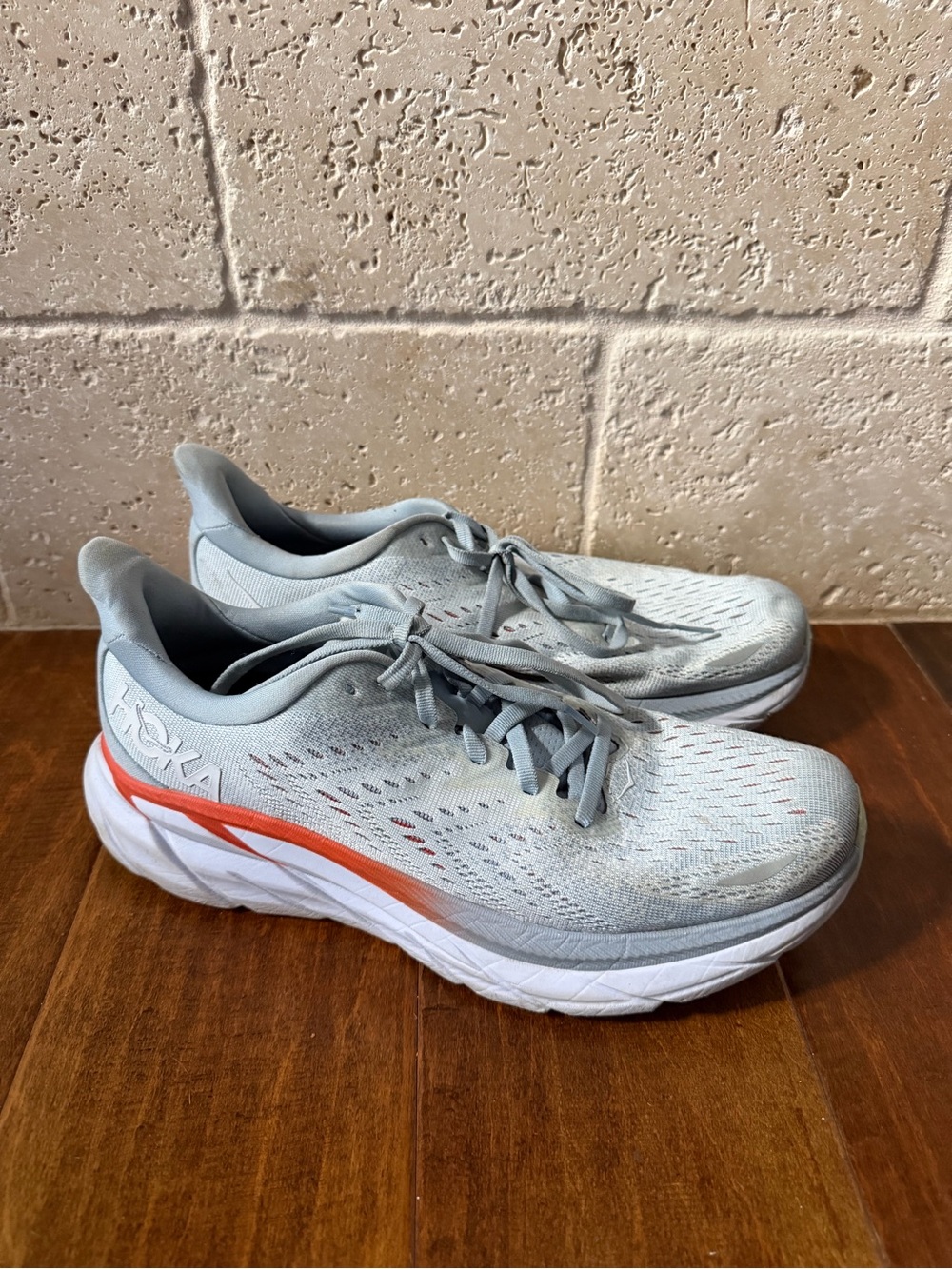 Hoka Women’s Light Gray Athletic Running Shoes with Coral Stripe